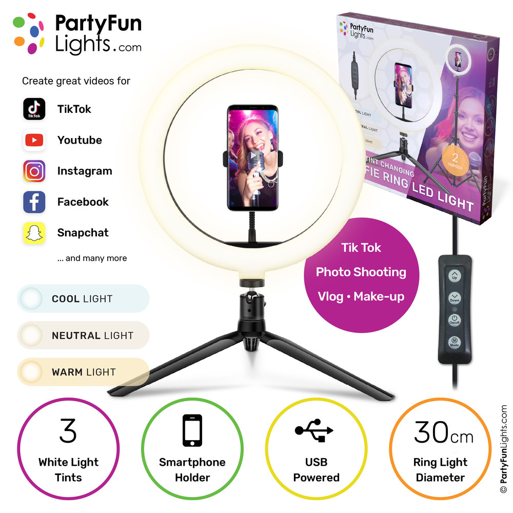 PartyFunLights Selfie-Ring LED-Licht 30 cm - Stativ, Telefonhalterung mit USB-Stecker