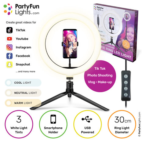 PartyFunLights Anneau lumineux pour selfie 30 cm - Trépied, support pour téléphone avec prise USB