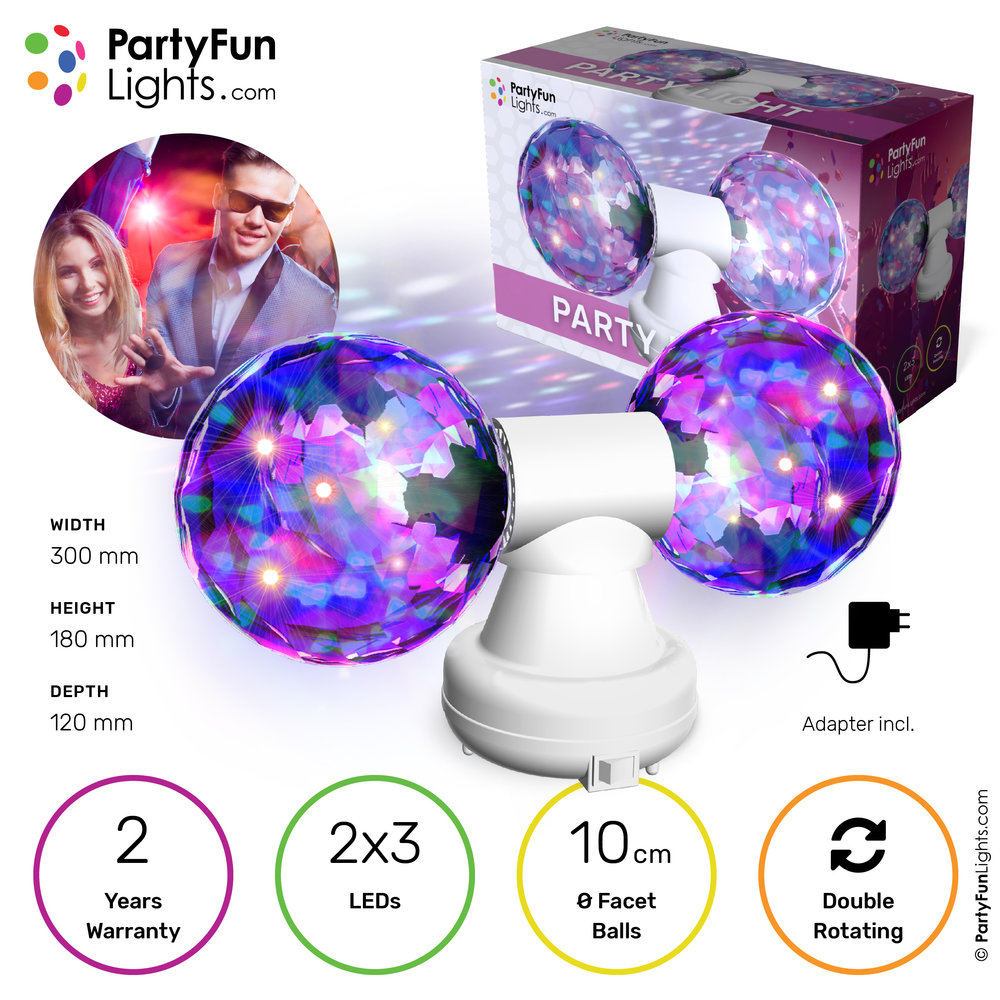 PartyFunLights Party Discolamp Multi-Color LED - dubbel roterend - feestverlichting - incl. adapter - diameter bollen 10cm