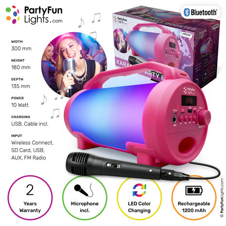 PartyFunLights Enceinte de fête karaoké Bluetooth avec microphone, effets lumineux et poignée de transport PartyFunLights Enceinte de fête karaoké Bluetooth avec microphone, effets lumineux et poignée de transport