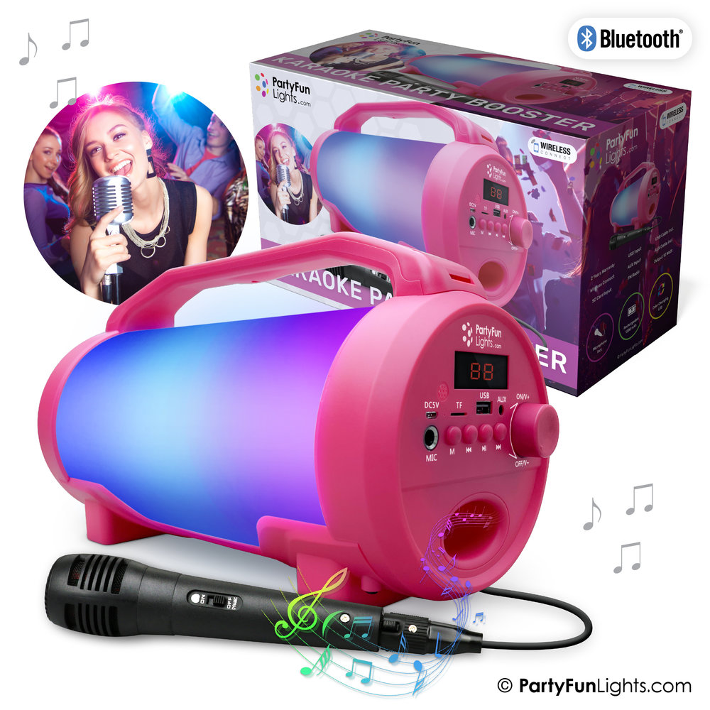 PartyFunLights Enceinte de fête karaoké Bluetooth avec microphone, effets lumineux et poignée de transport PartyFunLights Enceinte de fête karaoké Bluetooth avec microphone, effets lumineux et poignée de transport