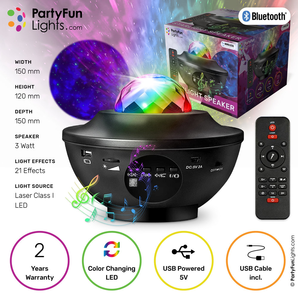 PartyFunLights Wireless Starlight Party Speaker with Laser Projector Light Effects and Remote Control