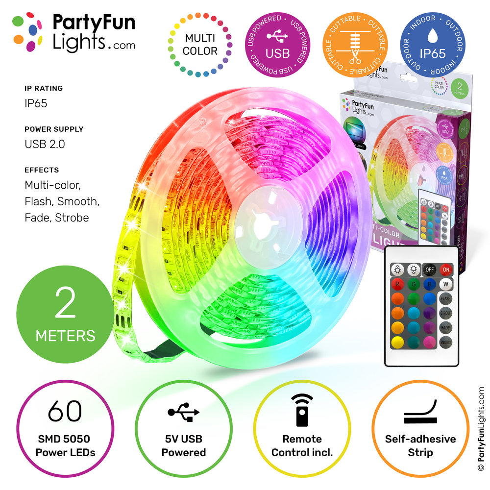 PartyFunLights LED Strip Multi-Color - Werkt op USB - 2 Meter