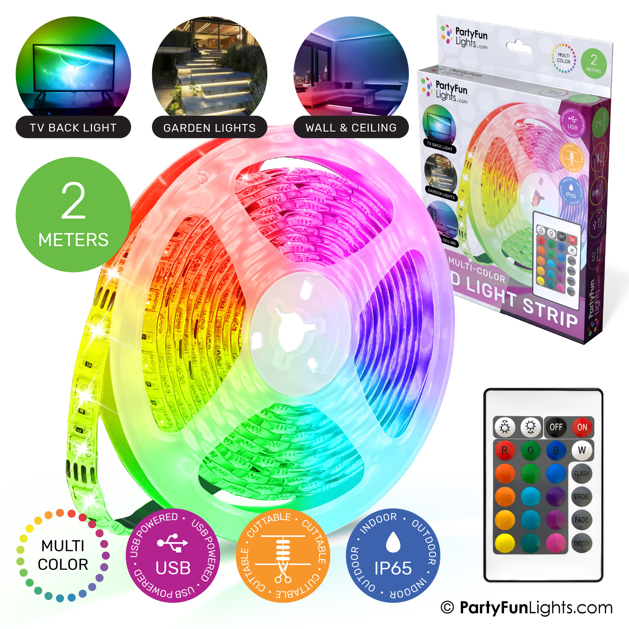 LED Strip Multi-Color RGB - USB Powered - 2 Meter - PartyFunLights