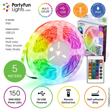 PartyFunLights Bande LED multicolore RGB - alimentée par USB - 5 mètres PartyFunLights Bande LED multicolore RGB - alimentée par USB - 5 mètres