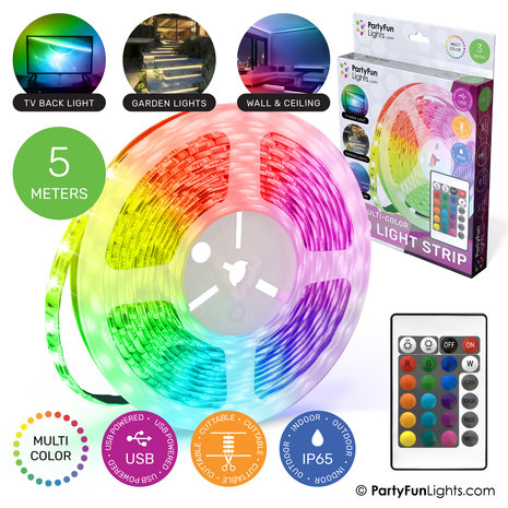 PartyFunLights Bande LED multicolore RGB - alimentée par USB - 5 mètres PartyFunLights Bande LED multicolore RGB - alimentée par USB - 5 mètres