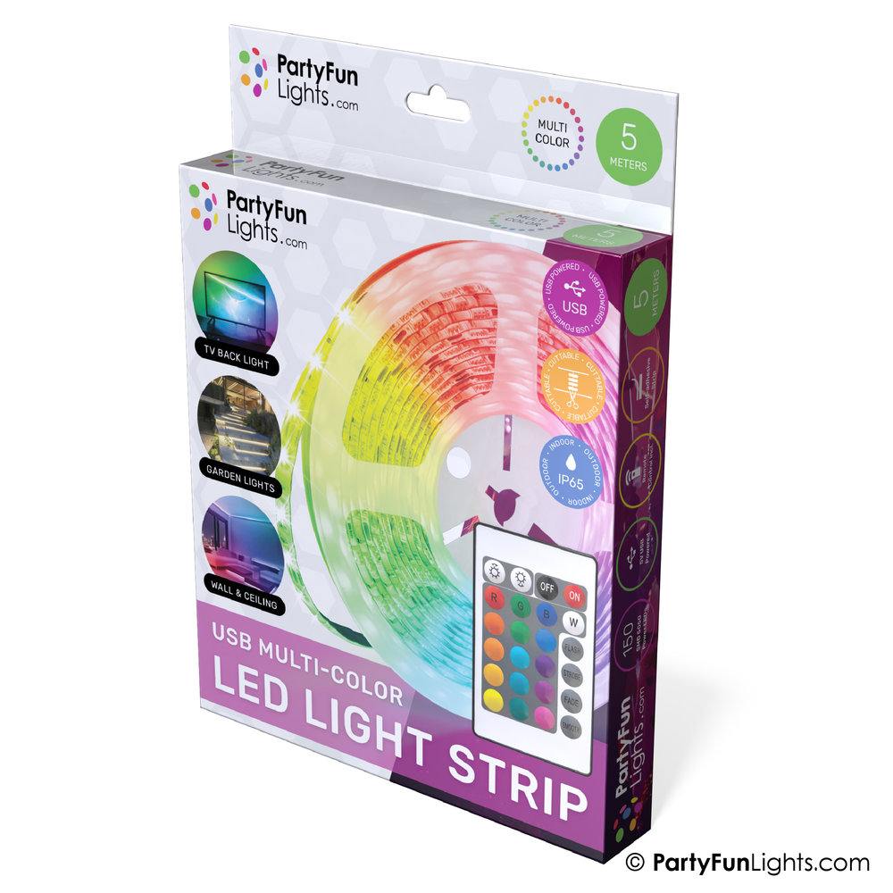 PartyFunLights Bande LED multicolore RGB - alimentée par USB - 5 mètres PartyFunLights Bande LED multicolore RGB - alimentée par USB - 5 mètres
