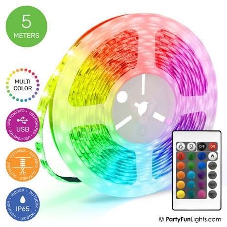 PartyFunLights Bande LED multicolore RGB - alimentée par USB - 5 mètres PartyFunLights Bande LED multicolore RGB - alimentée par USB - 5 mètres