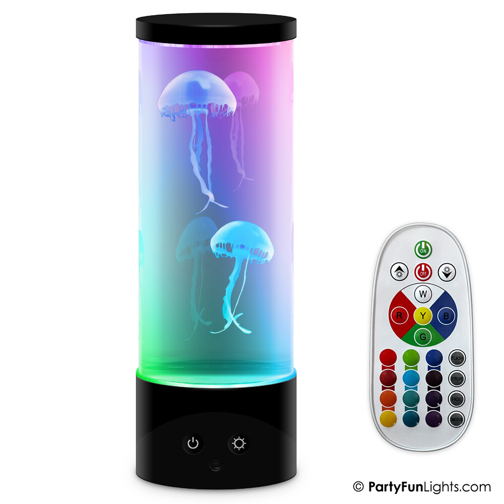 PartyFunLights Quallen-Aquarienlampe mit 2 schwimmenden Quallen, blinkenden Lichteffekten, Fernbedienung, 3x AA (Lampe) und 2x AAA (Fernbedienung) Batteriebetrieb (nicht inkl.) oder USB-Kabelbetrieb (inkl.)