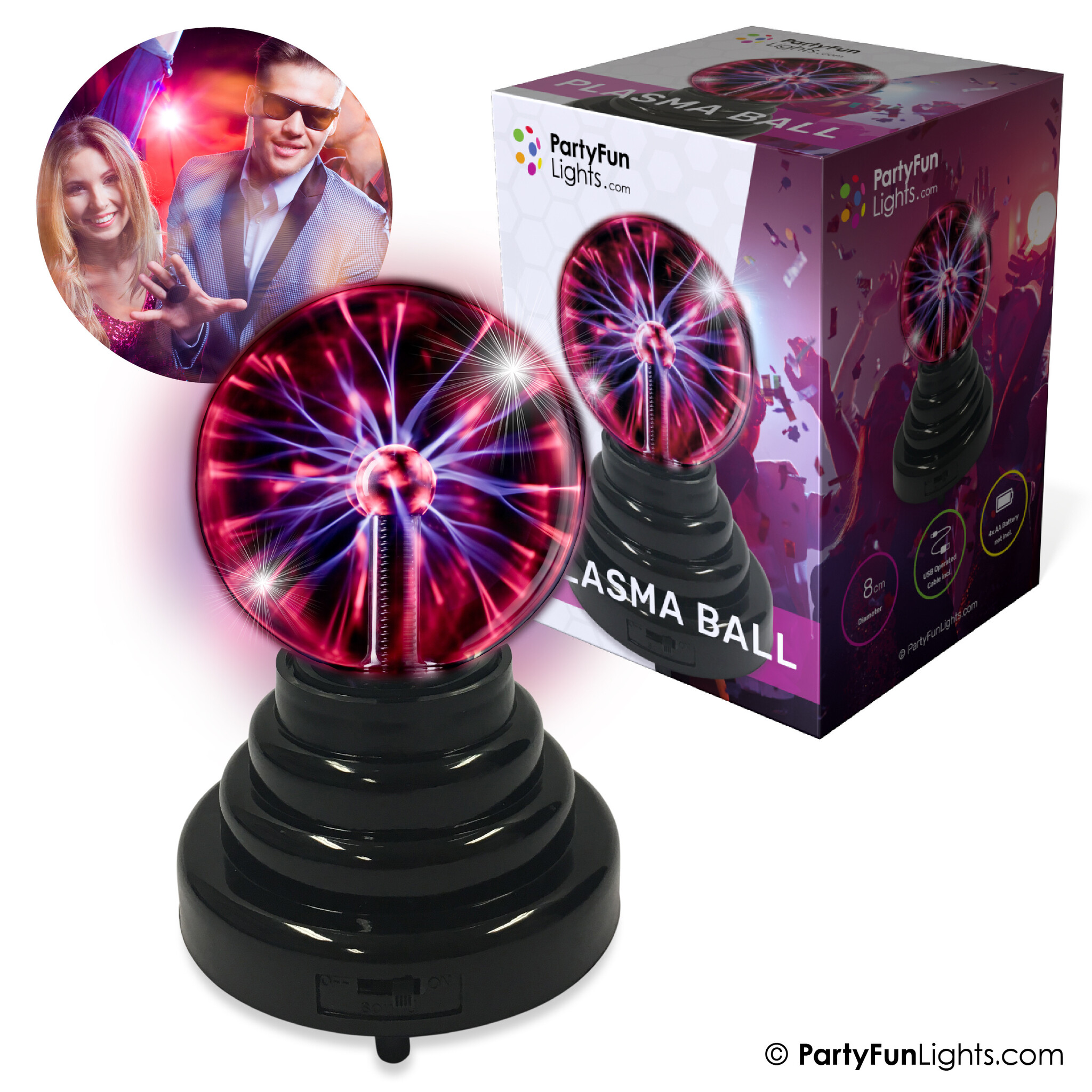 Boule plasma avec effets lumineux clignotants, fonctionnement avec 4 piles  AAA (non incluses) ou câble U - PartyFunLights