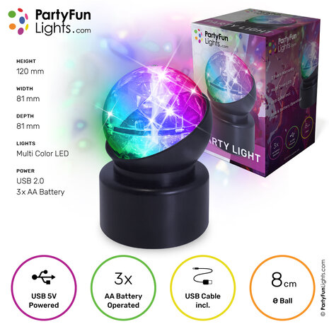 PartyFunLights Mini Party Light met lichteffecten die van kleur veranderen en roteren, 3x AA-batterij (niet meegeleverd) of USB-kabel (meegeleverd) PartyFunLights Mini Party Light met lichteffecten die van kleur veranderen en roteren, 3x AA-batterij (niet meegeleverd) of USB-kabel (meegeleverd)