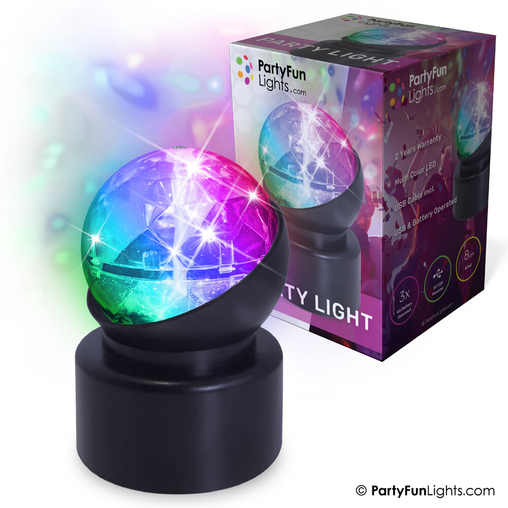 PartyFunLights Mini Party Light met lichteffecten die van kleur veranderen en roteren, 3x AA-batterij (niet meegeleverd) of USB-kabel (meegeleverd) PartyFunLights Mini Party Light met lichteffecten die van kleur veranderen en roteren, 3x AA-batterij (niet meegeleverd) of USB-kabel (meegeleverd)
