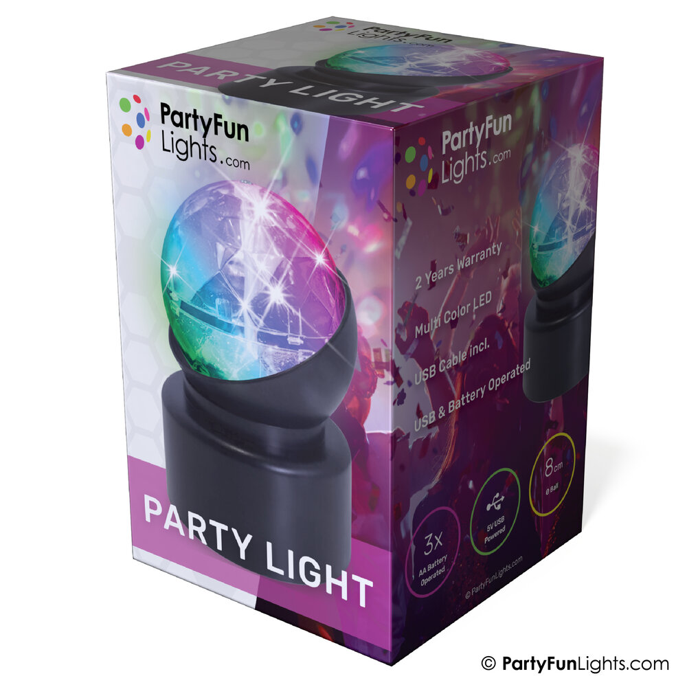PartyFunLights Mini Party Light met lichteffecten die van kleur veranderen en roteren, 3x AA-batterij (niet meegeleverd) of USB-kabel (meegeleverd) PartyFunLights Mini Party Light met lichteffecten die van kleur veranderen en roteren, 3x AA-batterij (niet meegeleverd) of USB-kabel (meegeleverd)
