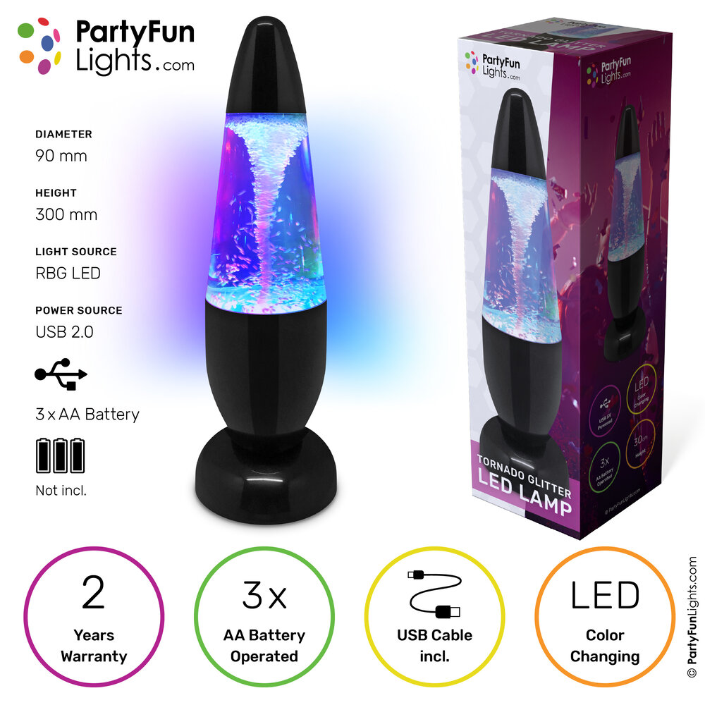 PartyFunLights Kleur veranderende LED Tornado Glitter Lamp PartyFunLights Kleur veranderende LED Tornado Glitter Lamp