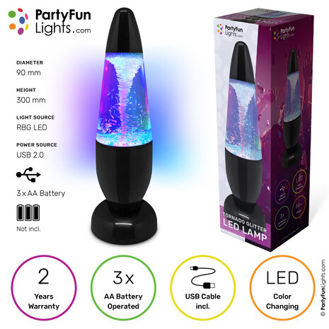 PartyFunLights Kleur veranderende LED Tornado Glitter Lamp PartyFunLights Kleur veranderende LED Tornado Glitter Lamp