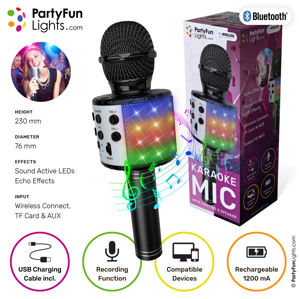 PartyFunLights Bluethooth Karaoke Microphone met Lichteffecten en Luidspreker in Zwart