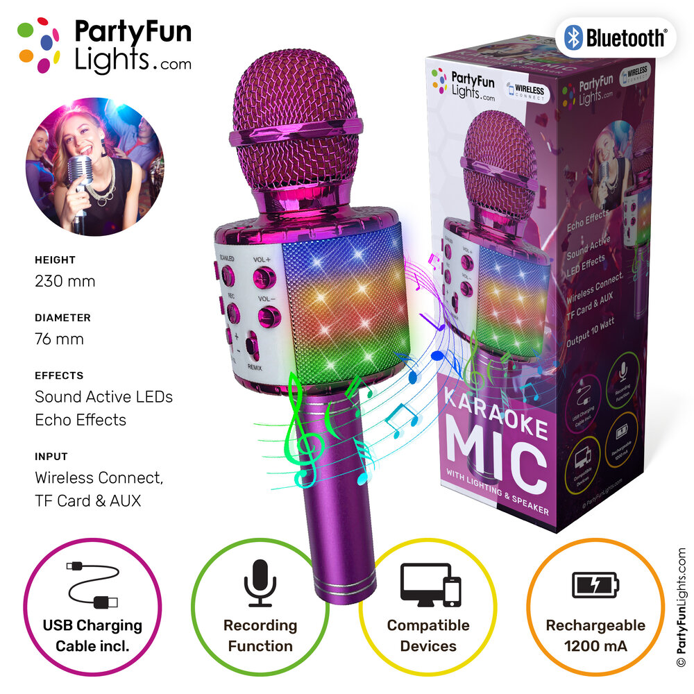 PartyFunLights Bluetooth Karaoke Microphone with Lighting & Speaker in Pink