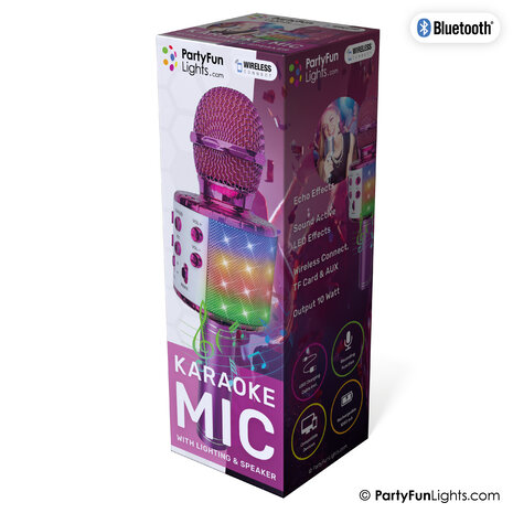 PartyFunLights Microphone Karaoké Bluetooth avec Lumière et Haut-Parleur en Rose
