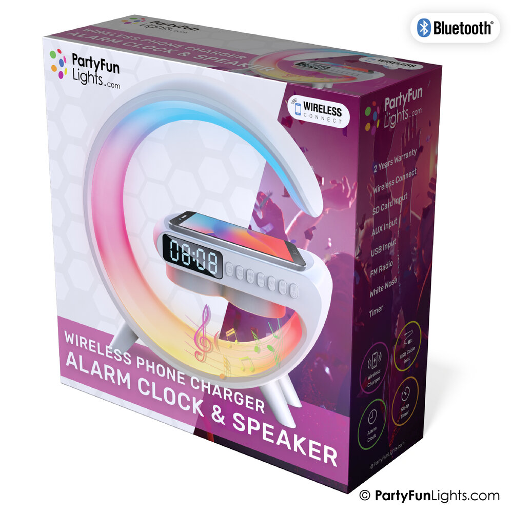 PartyFunLights Wireless Phone Charger Alarm Clock & Speaker