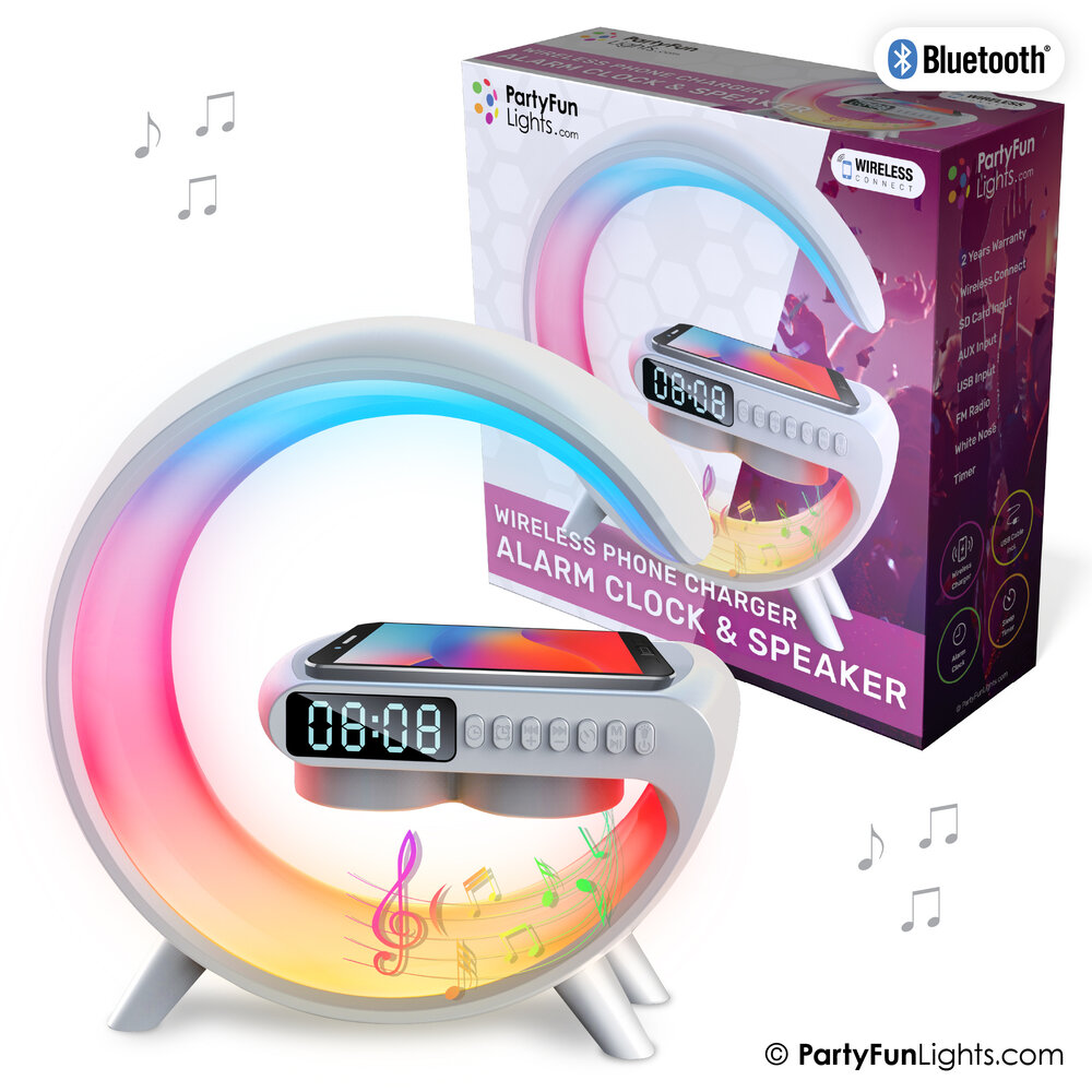 PartyFunLights Wireless Phone Charger Alarm Clock Speaker Partyfunlights wireless phone charger alarm clock speaker