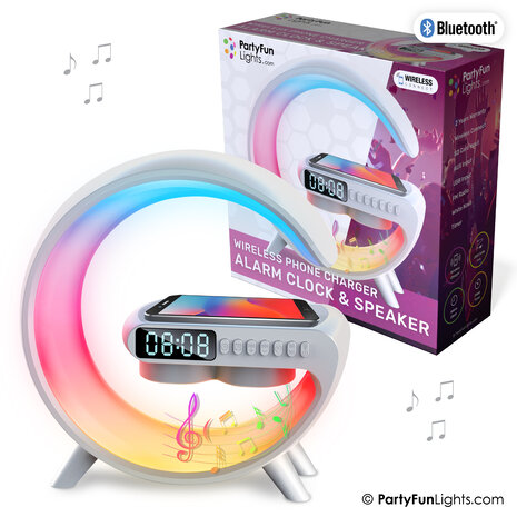 PartyFunLights Wireless Phone Charger Alarm Clock & Speaker