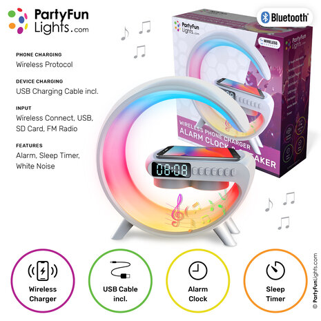 PartyFunLights Wireless Phone Charger Alarm Clock & Speaker