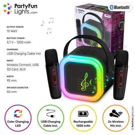 PartyFunLights Haut-parleur de fête karaoké sans fil Duo alimenté par USB
