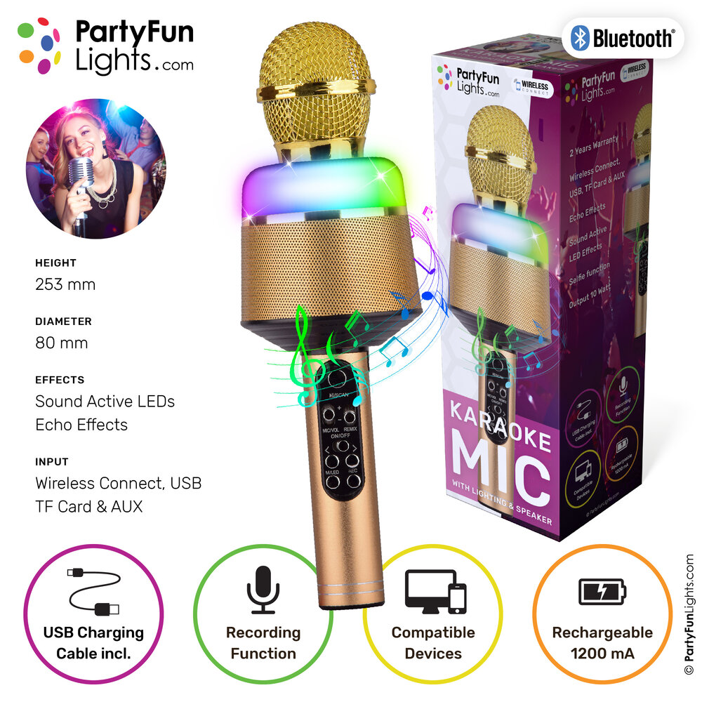 PartyFunLights Karaoke-feestmicrofoon met luidspreker en lichteffecten - Goud