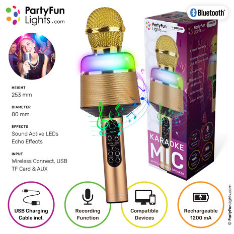 PartyFunLights Microphone de soirée karaoké avec haut-parleur et effets lumineux - Doré