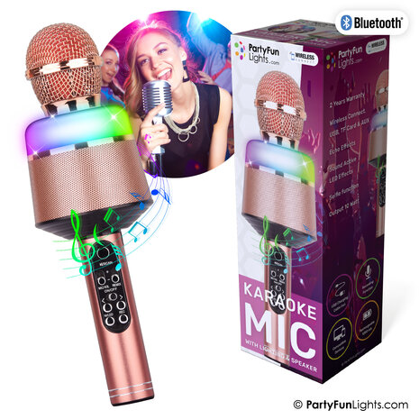 PartyFunLights Microphone de soirée karaoké avec haut-parleur et effets lumineux - Rose