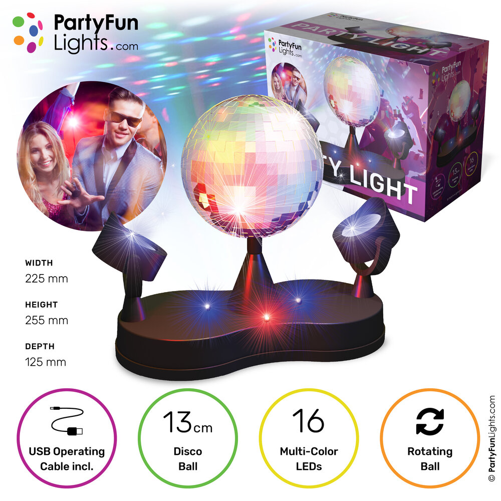 PartyFunLights Party-Licht mit rotierender Spiegelkugel und mehrfarbigen LED Lightspots