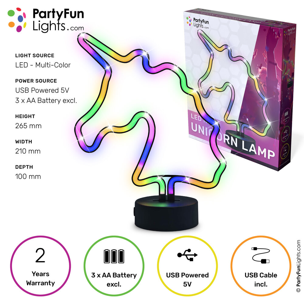 PartyFunLights Multi-Color LED Neon Unicorn Lamp on Battery or USB