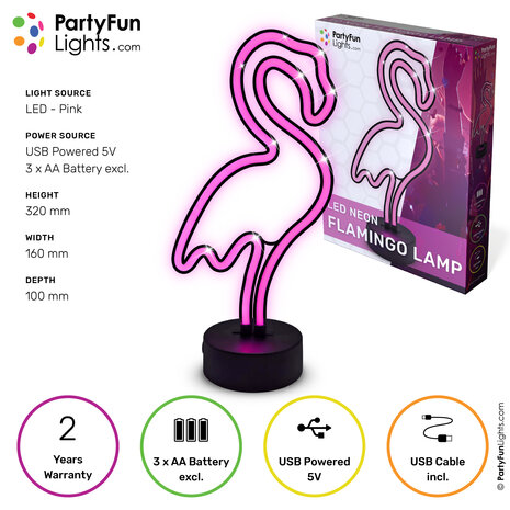 PartyFunLights Lampe flamant rose néon LED fonctionnant sur piles ou USB