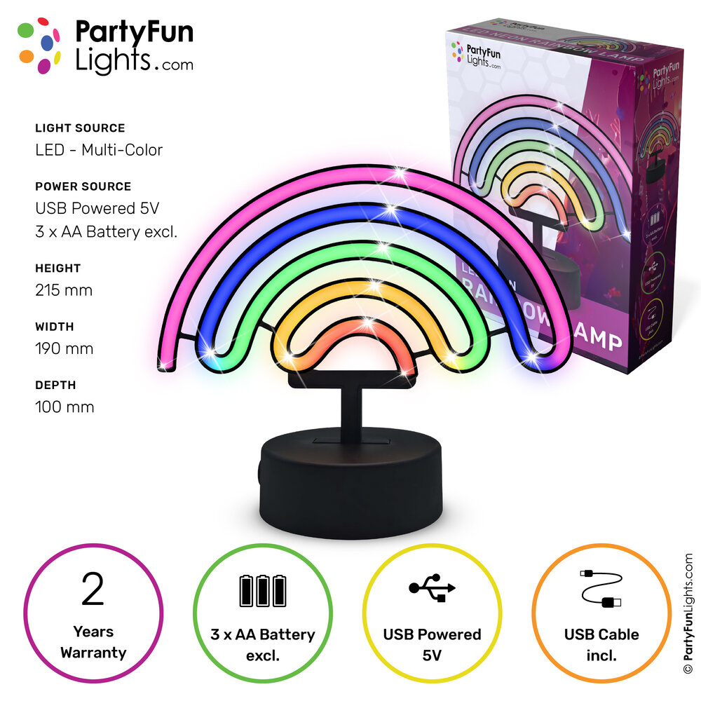 PartyFunLights Lampe néon LED multicolore arc-en-ciel sur batterie ou USB