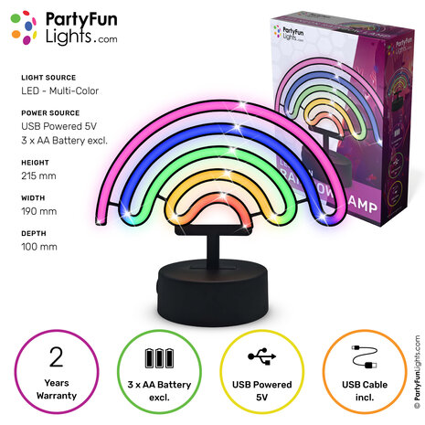 PartyFunLights Multi-Color LED Neon Rainbow Lamp on Battery or USB