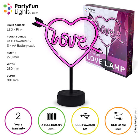 PartyFunLights Pinke LED-Neon-Liebeslampe, batterie- oder USB-betrieben