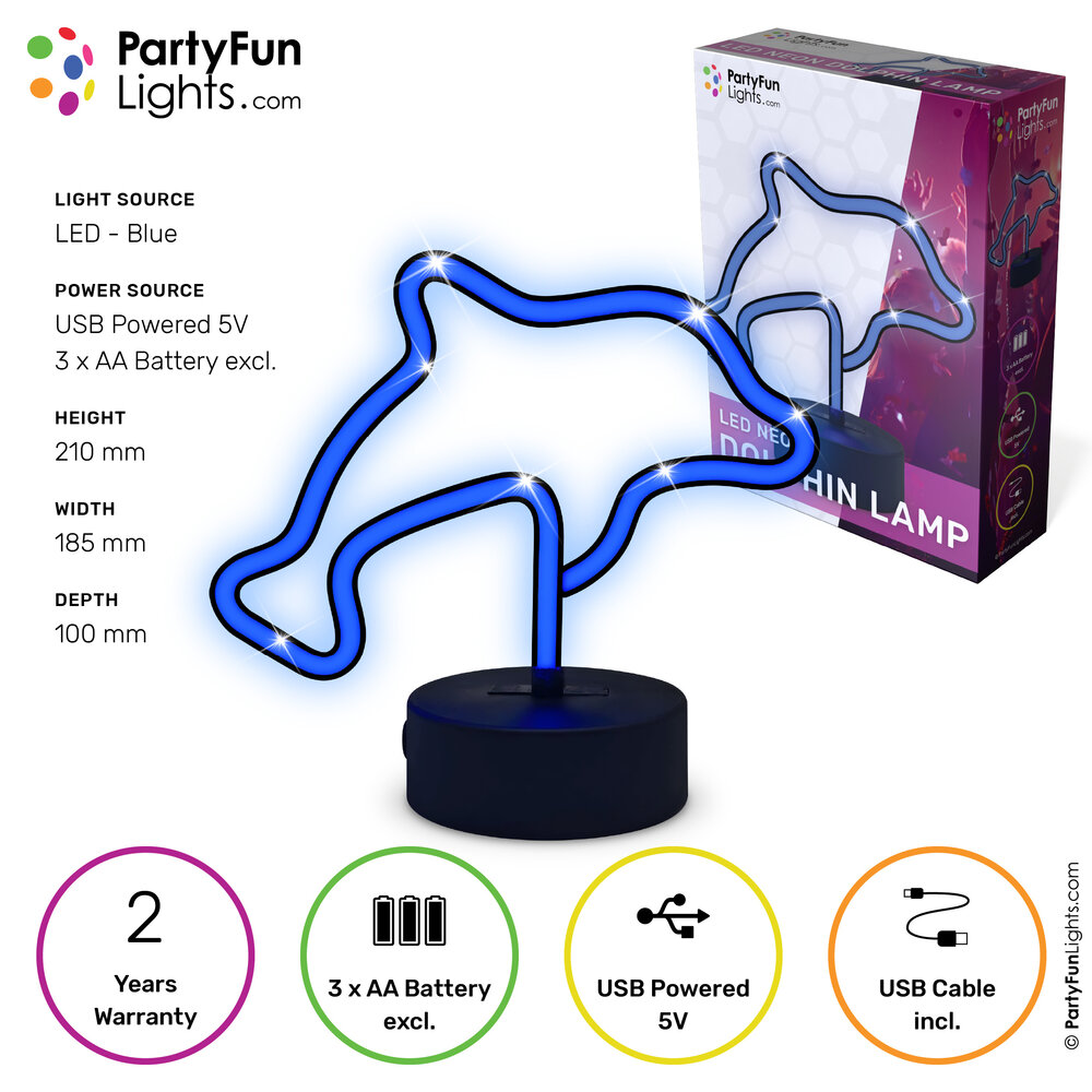 PartyFunLights Blue LED Neon Dolphin Lamp on Battery or USB