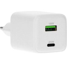GaN Wall Charger USB-C/USB-A3.0/QC 45W Wit