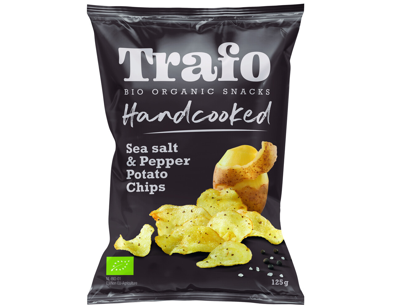 Bio-organic handcooked chips salt bl.pepper zwart 125gr