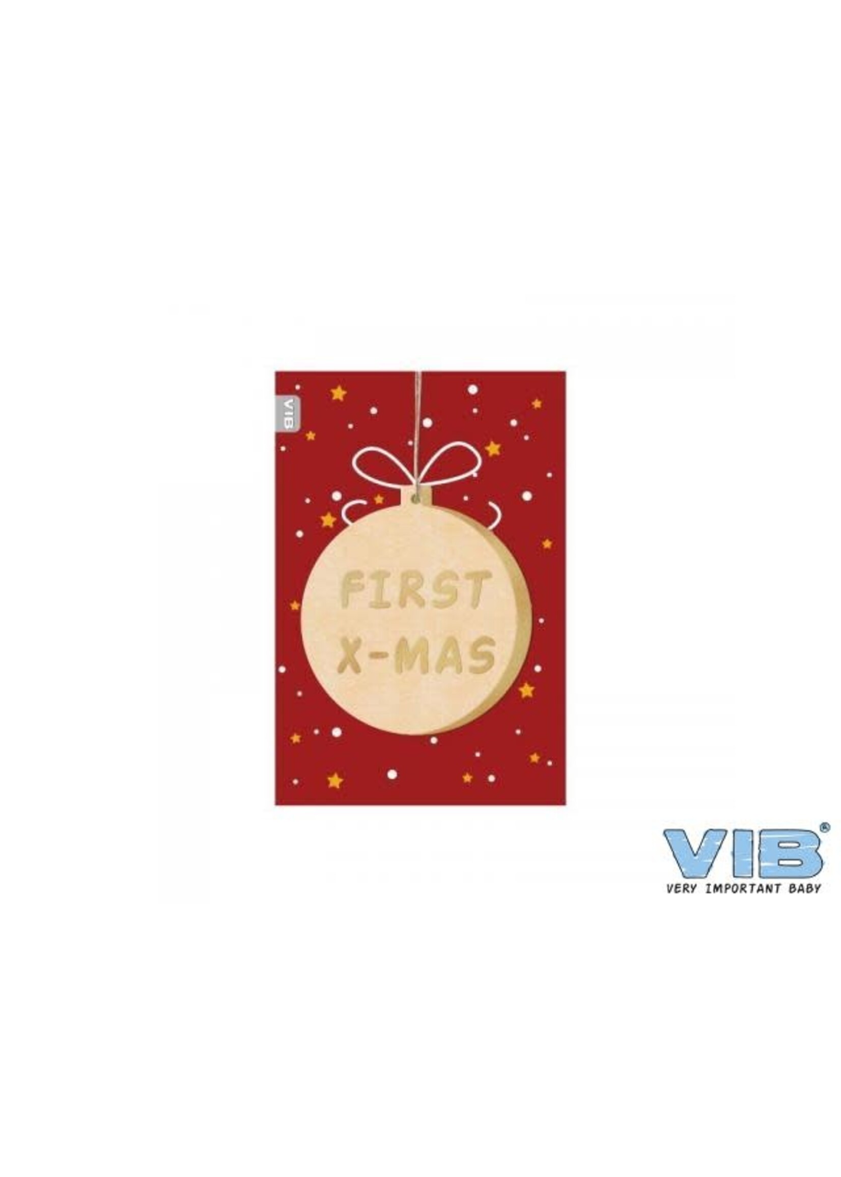 VIB WENSKAART MET HOUTEN HANGER KERSTBAL 'FIRST X-MAS' ROOD-GOUD