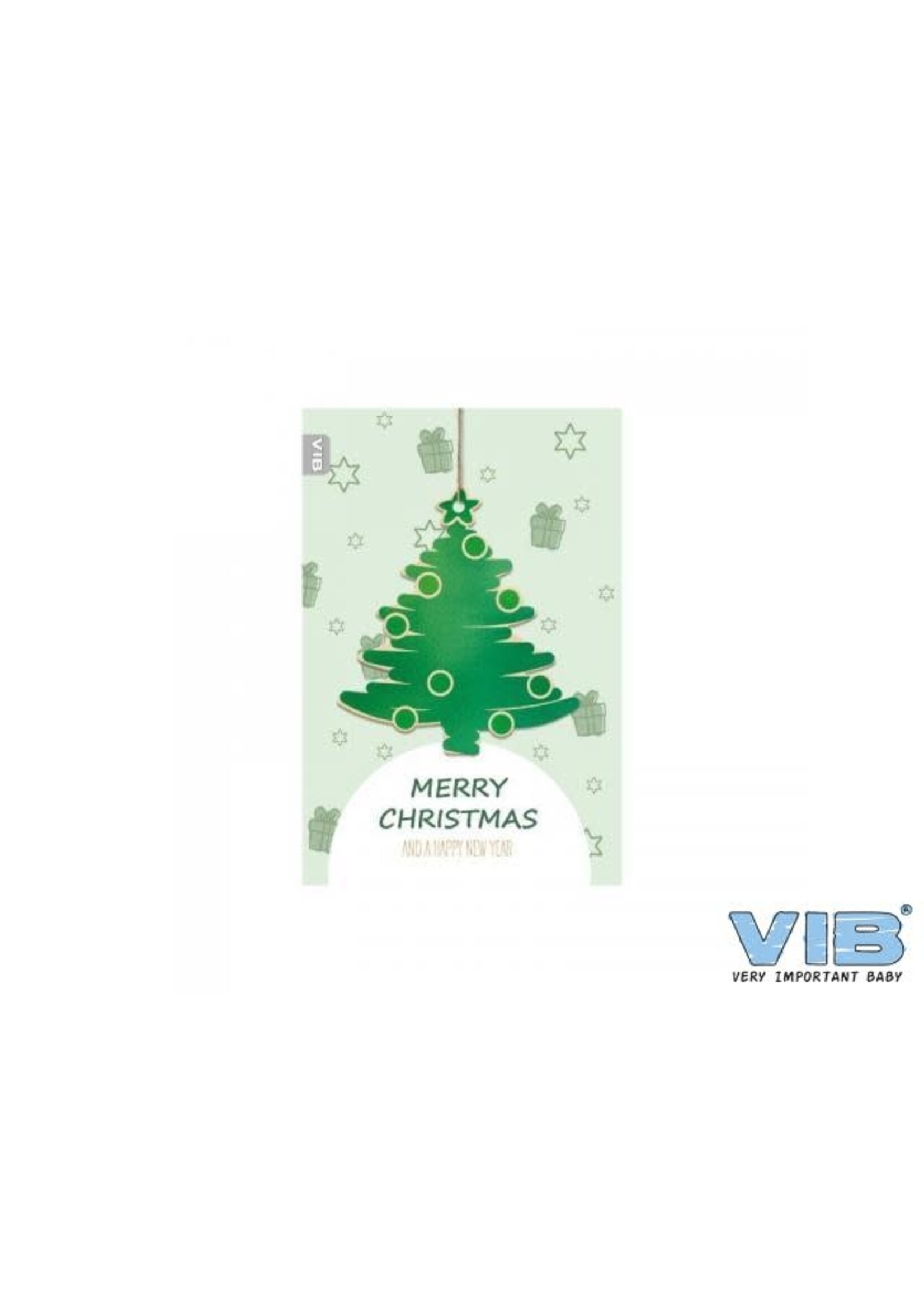 VIB WENSKAART MET HOUTEN HANGER KERSTBOOM 'MERRY CHRISTMAS AND A HAPPY NEW YEAR' GROEN