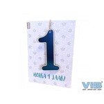 VIB VIB WENSKAART MET HOUTEN HANGER 1 'HOERA 1 JAAR!' BLAUW