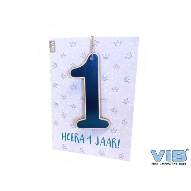 VIB VIB WENSKAART MET HOUTEN HANGER 1 'HOERA 1 JAAR!' BLAUW