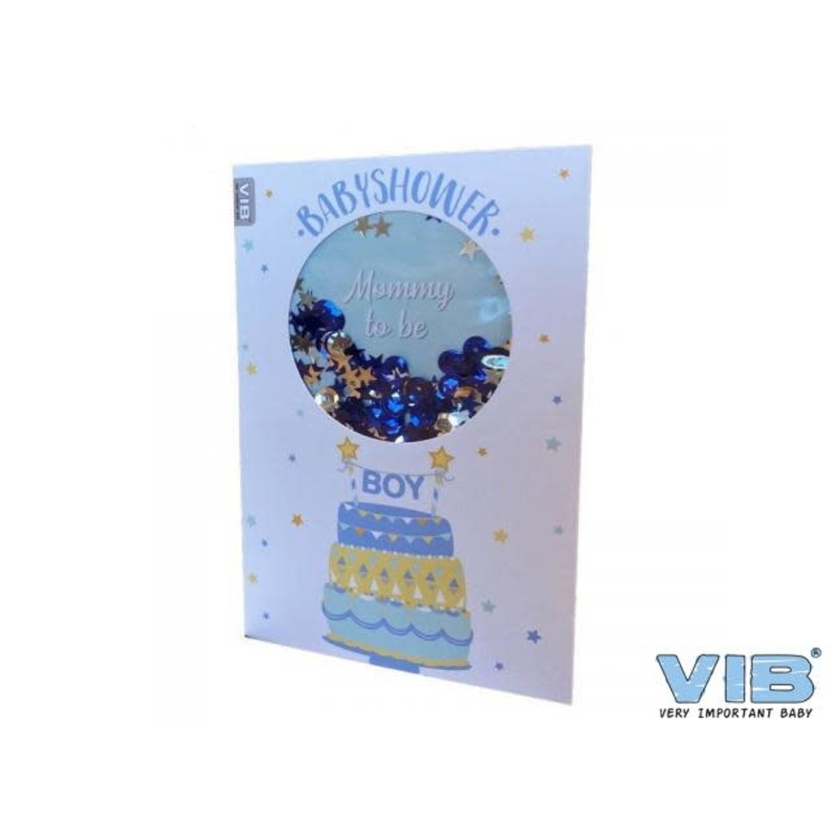 VIB WENSKAART SCHUDBAAR MET PAILLETEN BABY SHOWER BOY BLAUW