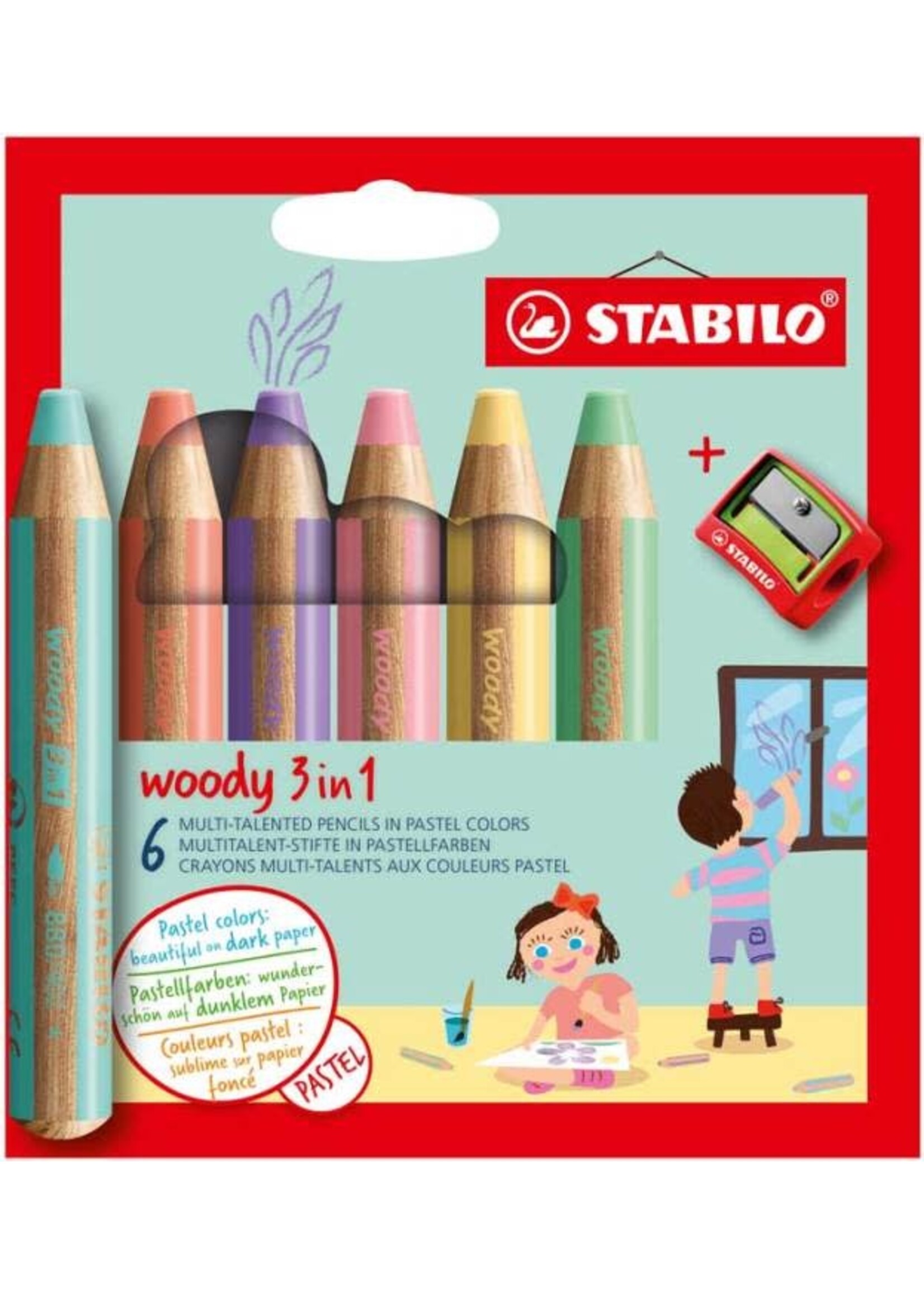 Stabilo Stabilo: Potlood "Woody 3 in 1" set van 6 stuks + slijper - Pastel