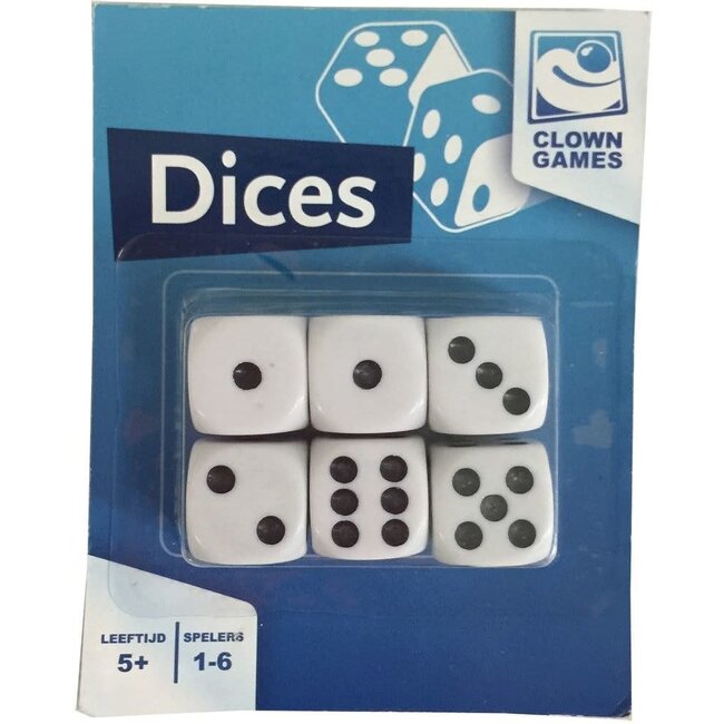 Clown Dobbelstenen wit: 6 stuks