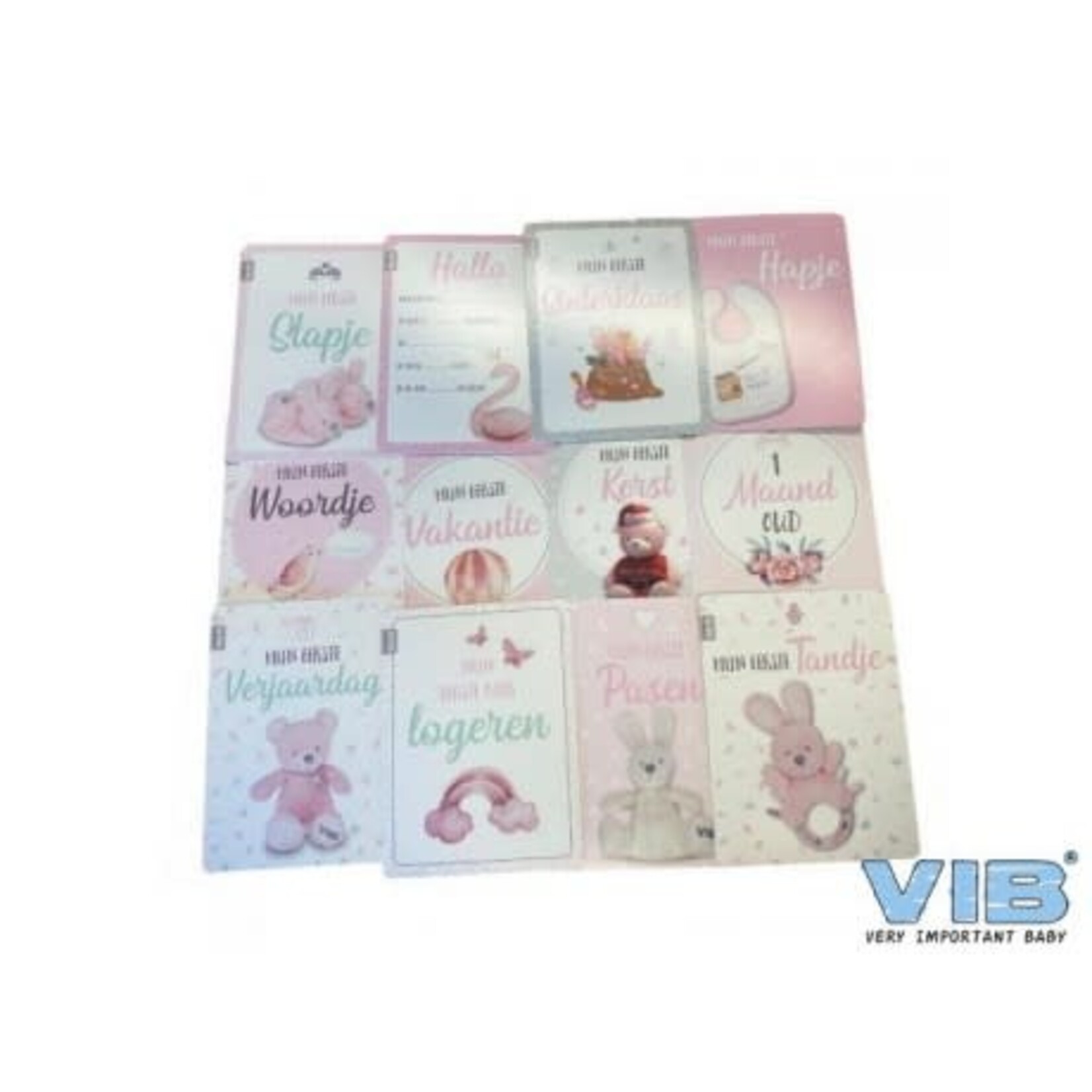 VIB BOX MET 12 VIB® BABY MOMENTS CARDS 'MIJN EERSTE JAAR' GIRL