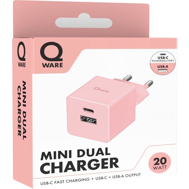 Qware Qware Mini Dual Charger (USB-C/A) with PowerDelivery - Pink