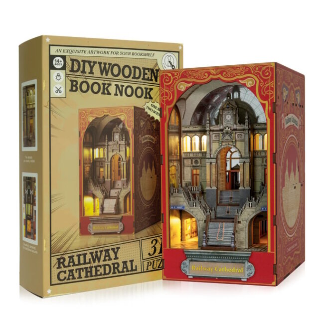 Ugears DIY Antwerpen Railway Cathedral - miniatuur huisje - Boekensteun met licht