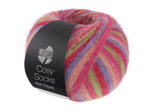 Lana Grossa Cosy Socks Multi Stripes 152 - Tulprood/blauw/Zalmroze/Roze/Lichtgroen
